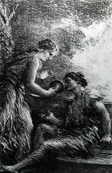 ジーグリンデとジークムント、ワグナーのオペラ「ヴァルキリー」の舞台、1887