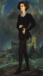 アメリカ人作家マイケル・ストレンジ（ミセス・バリモア）、背景にアルカサル、1924年