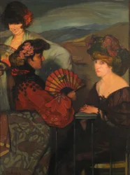 1900年代、バルコニーに立つスペイン人女性とイギリス人女性。
