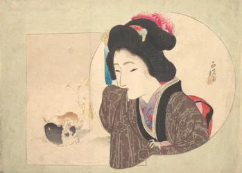 版画 [女性と子犬]、19 世紀初頭から中期。