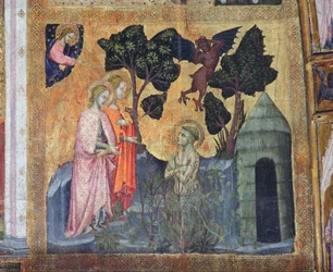 セントフランシスは、1393年、ポルツィンコーラのフレスコ画であるとげのあるブランブルに身を投げます