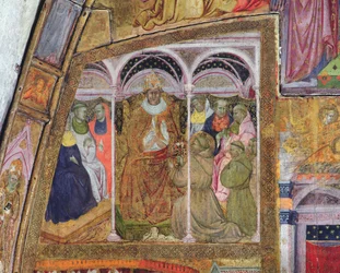 1393年、ポルツィンコラのフレスコ画、耽溺の確認を教皇ホノリウス3世に懇願する聖フランシス