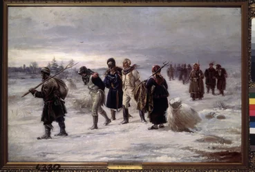 1812年。 (ナポレオンの大陸軍から捕らえられた囚人は、ロシアの農民に付き添われて、疲れ果てて雪の中を​​歩きます)。 Illarion Mikhailovich Pryanishnikov（1840-1894）による絵画、キャンバスに油彩