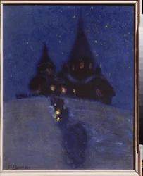 クリスマスの夜、クオッカラ (ロシアのレピノ) にある教会。 Yuri Ilyich Repin (Youri Repin) (1877-1954) による絵画、木に油彩、1910 年頃。ロシア美術、20 世紀。 I. レーピン記念博物館ペナテス、サンクトペテルブルク。