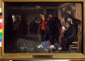 プロパガンダの逮捕。 Ilya Repin (Ilia Repin) (1844-1930) による絵画、木に油彩