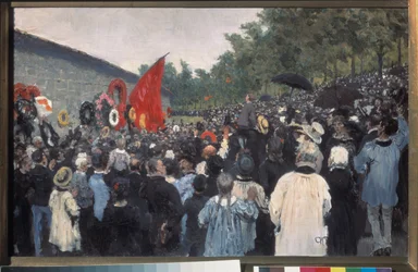 パリのペール・ラシェーズ墓地での年次集会。 （1871年にコミューンの戦闘員が撃たれた連邦の壁の前で、それ以来、自由と革命の理想のための闘争の象徴となっています）。 描きました