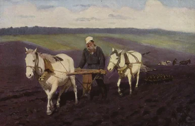 畑で耕すロシアの作家レオ・トルストイ、c1887