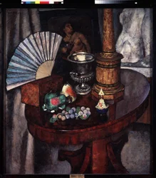 扇のある静物（扇のある静物）。 Ilya Ivanovich Mashkov（Ilia Mashkov、Matchkov）（1881-1944）による絵画、キャンバスに油彩