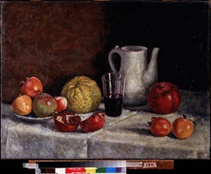 ザクロのある静物。 Ilya Ivanovich Mashkov (Ilia Mashkov, Matchkov) (1881-1944) による絵画、キャンバスに油彩、1930 年後半。 20 世紀のロシア美術、ソビエト美術。 地域 A. デイネカ アート ギャラリー、クルスク (ロシア)。