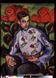 花とシャツの少年の肖像画。 Ilya Ivanovich Mashkov（Ilia Mashkov、Matchkov）（1881-1944）による絵画、キャンバスに油彩