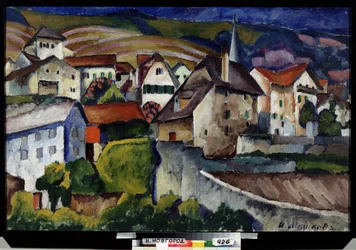 スイスの小さな町。 Ilya Ivanovich Mashkov（Ilia Mashkov、Matchkov）（1881-1944）による絵画、キャンバスに油彩