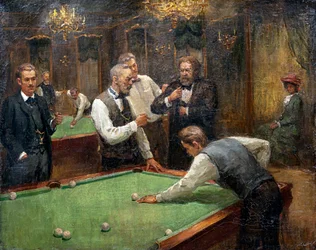 Billiard Players par Galkin, Ilya Savvich (Ilia Sawic Galkin) (1860-1915), - Oil on canvas, 61x76,5 - 個人蔵