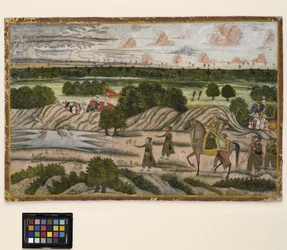 狩猟遠征中のナワブと彼の家臣、1780年頃（不透明な水彩画と紙に金）