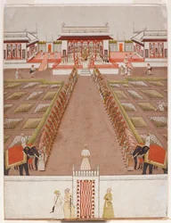パビリオン内の保持者と2頭の象の道を越えたNawabの法廷、c.1765（不透明なトイレと紙の上の金）