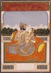 テラスで抱き合うカップル、1835年頃（不透明なトイレ、漆、金、紙にガラス）