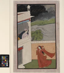 1830年頃の暴風雨の中で女性が恋人の家にやってくる（不透明なw - cと紙に金）