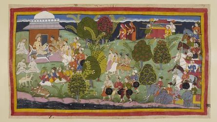 Add 15296 (1) f.105r. 2 人の王子、バラモン、牧師が徒歩でバラドヴァイジャの庵に近づき、3 人の女王が地平線の向こうに離れたところにいて、その後にその子が続きます。 象と戦車を持った軍隊が後ろで待っています。 上に