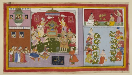 Add 15296 (1) f.106r、彼の魔法の力を通して、Bharadvaja はゲストの娯楽とリフレッシュのための遊園地に宮殿を呼び起こしました。 Bharadvaja と他の修行者とバラモンが謁見の間で座っている間、2 人の王子がモミ