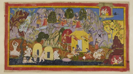 Add 15296 (1) f.111r, その間、亡命者はチトラクタ山に住み、すべてが平和です。 ラーマはその美しさをシーターに指摘します - 美しい木々や鳥の多くの品種、宝石や鉱物で彩られた岩、そしてマンダキナ川w