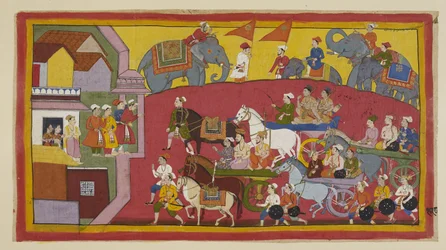 Add 15296 (1) f.128r, Vasistha と王子たちの戦車が、さまざまな大臣や人々を伴ってナンディグラマの町に入る。