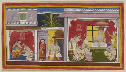 Add 15296 (1) f.2r, Ayodhya (右) の玉座の間で、ダシャラタ王は 4 人の息子、大臣のスマントラ、主任司祭のヴァシスタと共に座っています。 カイケーイー女王の兄弟でバラタの母方の叔父であるユダジットが、バラタを訪ねに来た。