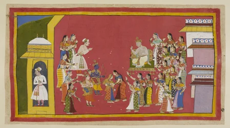 15296 (1) f.51r を追加します。他の人がカイケイーに理由をつけようとしましたが、無駄でした。 ダシャラタはラーマにしばらく遅らせるように促しましたが、ラーマはこれ以上出発を延期しないという決意を固めました。 彼が持っていくものはすべて