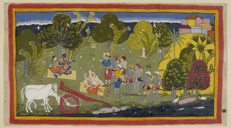 Add 15296 (1) f.63r, 仲間は Srngaverapura Rama でガンガー川に到着し、Sita は Ingudi の木であると意図された木の下のわらのマットに座り、Laksmana と Sumantra は同様に彼らに面して座っています。 馬は無傷でした