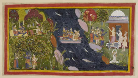 追加 15296 (1) f.69r、Bharadvaja は、彼の庵の右側にいて、旅行者に Citrakuta への道を助言しています。 中央では、彼らは即席の筏でヤムナー川を渡り、シーターは川の女神に安全な帰還を再び祈っています。