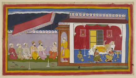 Add 15296 (1) f.76r, Dasaratha は彼の部屋のベッドに横たわり、2 人の女王が彼のそばに座り、3 人全員が会話の姿勢で、お互いを慰めようとしています。 部屋の外では、バラモンと牧師がスマントラと会話しています。 これ