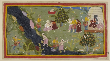 Add 15296 (1) f.79r. Dasaratha は若い頃、狩猟中に賢者の息子を誤って殺してしまった事件について女王たちに話します。 左のダシャラタは、反対側の水差しに水を入れている若者に誤って弓を向けています。