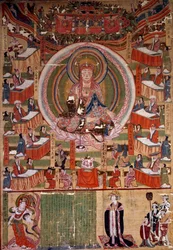 仏教「6つの条件と地獄の10王（地蔵菩薩）のマスターである菩薩（または菩薩）Ti-tsang」 983年の絵画、インド。薄暗い。0.22×0.4m パリ、ギメ美術館、国立アジア美術館