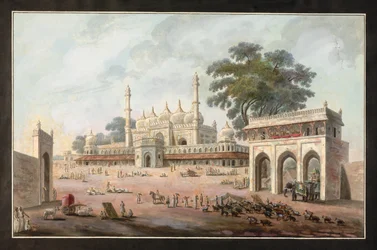 Chandni ChowkとMunny Begumのモスク、Murshidabad、1795年頃（紙に水彩）