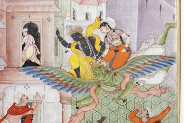 クリシュナからの詳細は、彼の円盤投げでデーモンNarakasuraを切り裂きます。1585-90年頃（紙に不透明なトイレとゴールド）