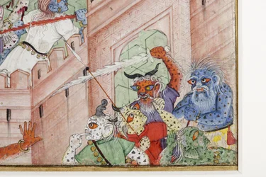 クリシュナからの詳細は、彼の円盤投げでデーモンNarakasuraを切り裂きます。1585-90年頃（紙に不透明なトイレとゴールド）
