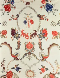 ヨーロッパ市場向けに作られた刺繍入り生地のディテール、c.1725-50（艶をかけられた綿にシルク）