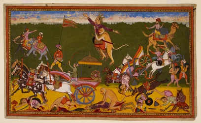 ハヌマーンがラーヴァーナの5人の将軍を破り、息子のアクアを殺害。1653年（ミニチュア）