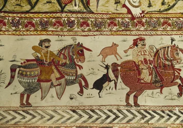 インド、マディヤ・プラデーシュ州、オルチャ、ラクシュミナーラヤン寺院、狩猟の場面（フレスコ画