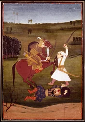 インディアンアート。"馬に乗った王子と戦士の戦い" 地面に横たわる魔物。ビカネールの学校のミニチュア。1765年 個人蔵