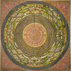 宇宙のジャイナ教図 (Jambudvipa) (綿布にグワッシュ)