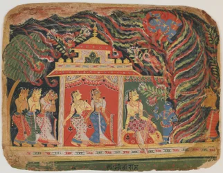 クリシュナは、バガヴァタプラーナから旋風の悪魔によって運ばれました。 c.1520-30（紙に不透明なトイレ）