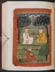 MS Panj B 40、f.131v、Bhagat Kabir ji と Guru Nanak Dev ji の会議、「Guru Nanak の伝記」のイラスト