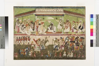 Raghuji Bhonsle IIは、1790年頃の軍事レビューを主宰します（紙に不透明な水彩画）