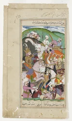 ロスタムは中国のカーカンを投げ縄にし、彼を彼の白い象から引きずりました、c.1790（不透明な水彩と金）