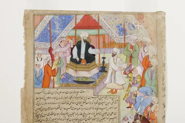 大衆は新しいAbbasid Caliph Al-Mamunに忠誠を払い、細部、1593年頃（紙に不透明なトイレと金）