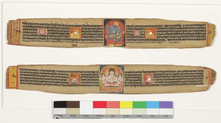 上：ヘルカを踊る;下：菩薩サダカサリAvalokitesvara and Attendants、c.1150-1200（ヤシの葉と不透明なトイレとインク）