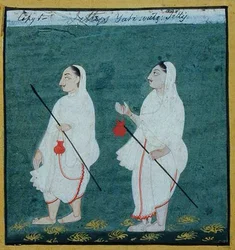 マットな髪の毛（ジャティ）を持つ2人のジャイナ教の修行者、ウダイプール、1810-20年頃（紙にグワッシュ