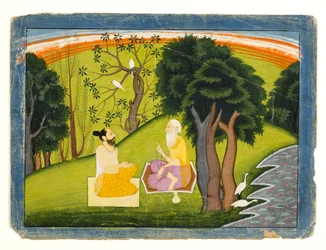 風景の中で議論されている2人の賢者、c.1785（紙に不透明なトイレと金）