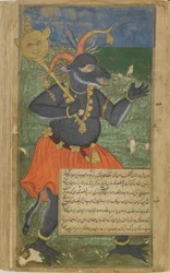 Vol.2 fol.218 KumbhakarnaはDvividasの攻撃に反応します（不透明の水彩画、インク、紙の上の金）
