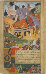 Vol.2 fol.225デーモンホストが戦闘を開始（不透明な水彩、インク、紙の上の金）