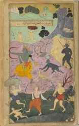 Vol.2 fol.237ラマとラクスマナがランカへの攻撃に加わる（不透明な水彩、インク、紙の上の金）
